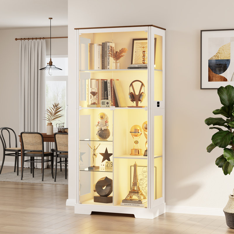 Vitrine moderne à DEL avec portes en verre, éclairage réglable et capteur de mouvement, Blanc
