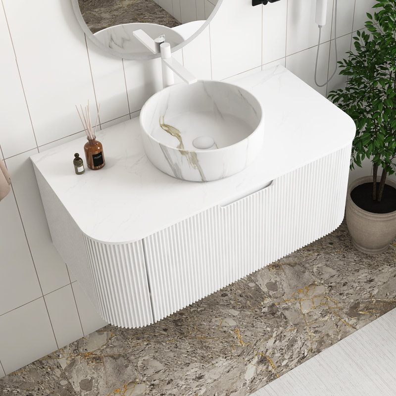 Meuble-lavabo mural avec plateau et tiroir, Blanc, Marbre, 36"