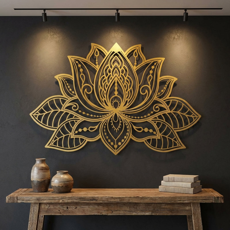 Décoration murale 3D Mandala de lotus - Art mural en métal, Or, H 22 po x l 36 po x P 1 po