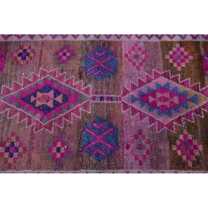 Handcrafted Vintage Turkish Runner Rug with Vibrant Pink Geometric Patterns for Unique Home Decor