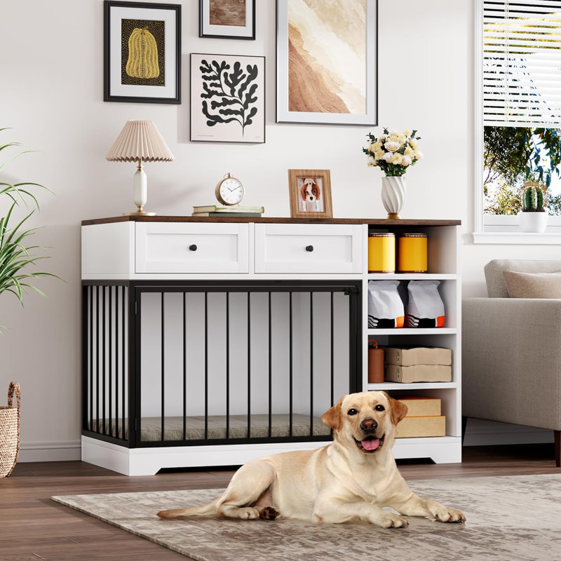 Meuble télé en bois pour caisse de chien de 47 po de largeur avec 2 tiroirs et 4 tablettes, mobilier d'intérieur décoratif pour grands chiens, blanc