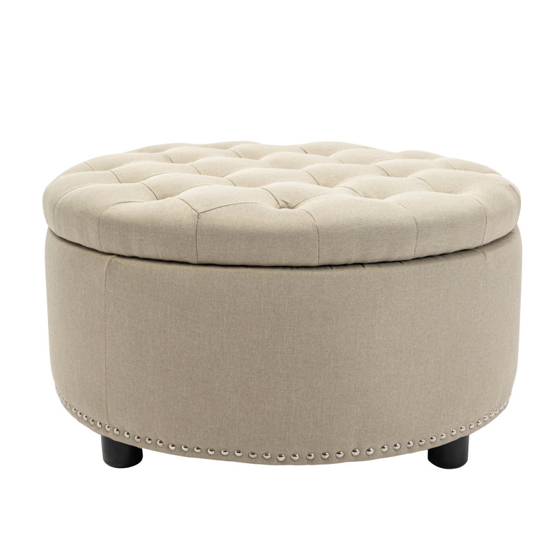 Claria Tufted Round Solid Colour Ottoman with Storage, Beige