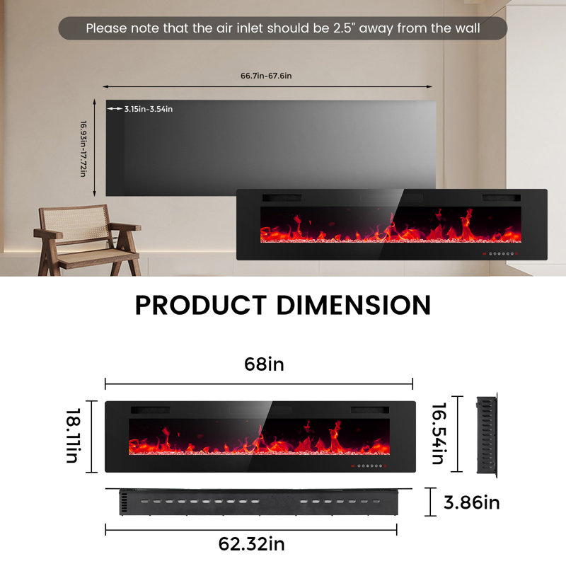 Foyer électrique avec télécommande, H 18,10 po x l 68,05 po x P 3,80 po