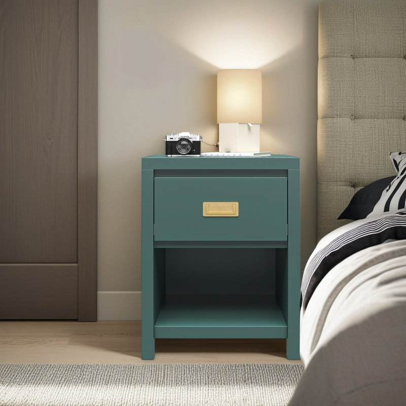 Nightstand With Vintage Gold Handles & Open Shelf, Mdf Bedroom Side Table With Storage Drawer, Sturdy End Table For Bedroom