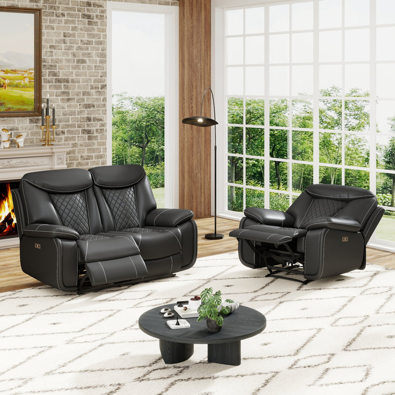 Ensemble de salon inclinable électrique en cuir 2 pièces Madeira, L 63,5 po x L 84 po
