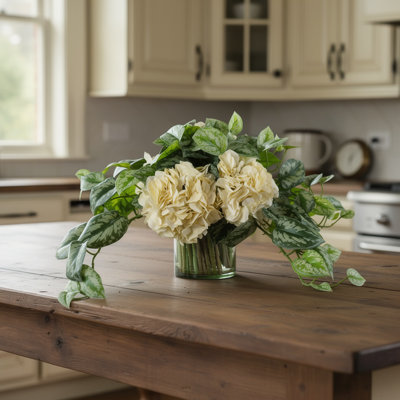 Hydrangea and Scindapsus Arrangement in Glass Vase