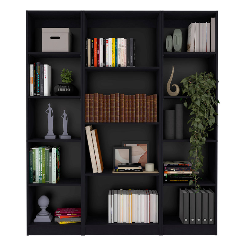Ensemble de bibliothèque trois pièces, 60 po de large avec 14 tablettes, ensemble de salon, Noir