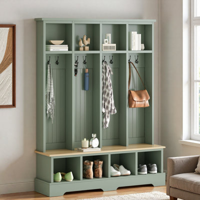 Alexander Farmhouse Hall Tree with 8 Hooks, Bench & Open Storage Compartments