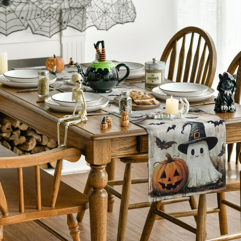 Chemin de table 210 g / m² 13x120 pouces | Décoration de table de salle à manger Jack-O'-Lantern, 120" L