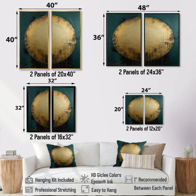 Teal Gold Circle Full Moon - Geometric Wall Decor, Teal Abstract Framed Wall Art 2 Panel