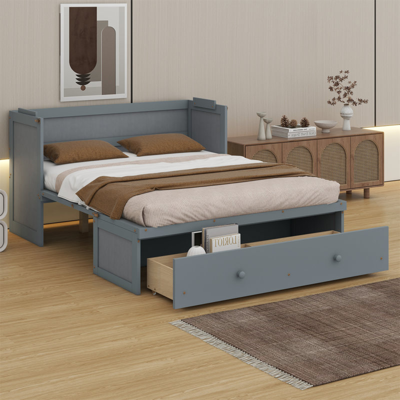 Lit escamotable avec port USB et grand tiroir, Gris, Grand lit