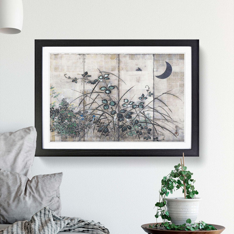 Moon & Autumn Grasses by Sakai Hoitsu - Picture Frame Painting Print, Black Framed, 36cm H x 48cm W x 2cm D