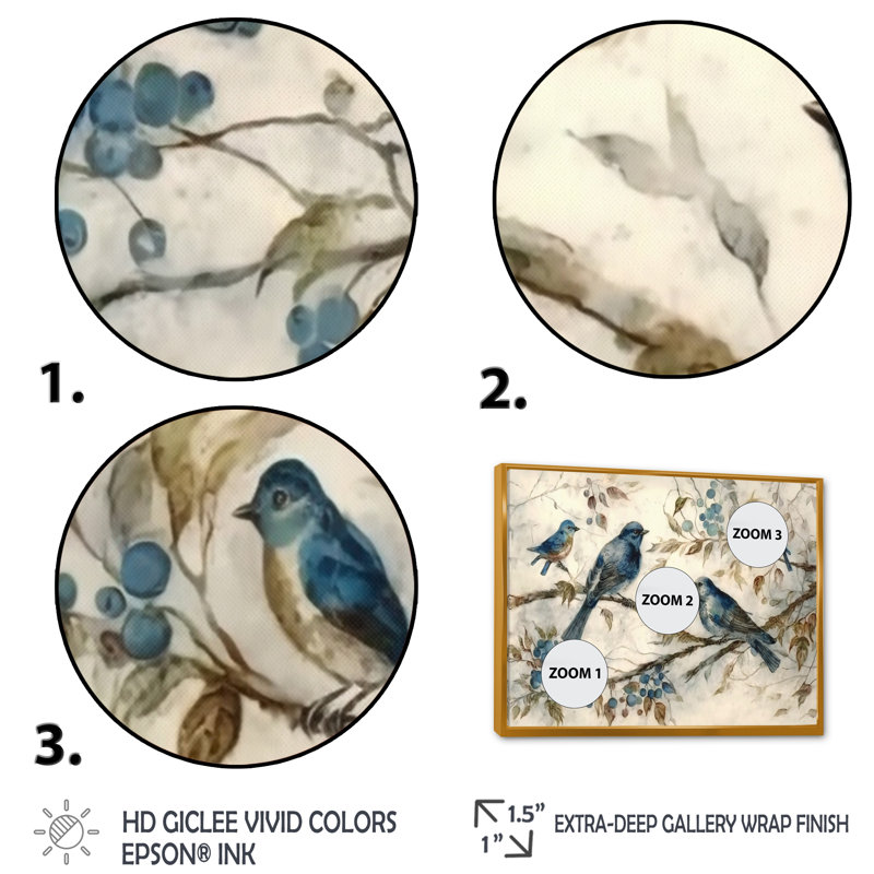 Quatre oiseaux bleus rétro sur une branche IV - Art mural oiseau, Cadre flottant doré, 12" H x 20" W