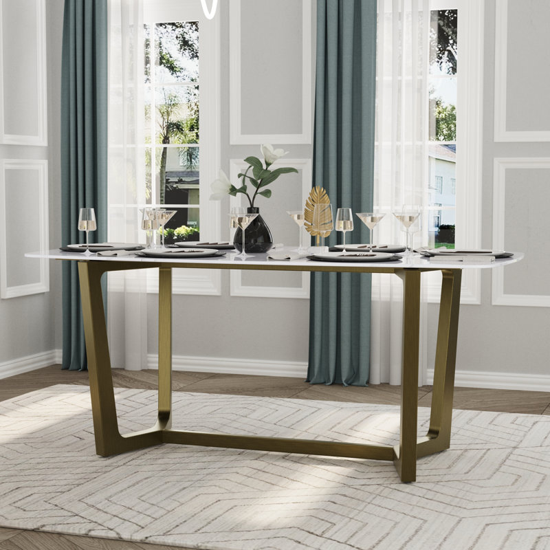 Luxury 70 Inch White Sintered Stone Dining Table With Brushed Bronze Base, Brown