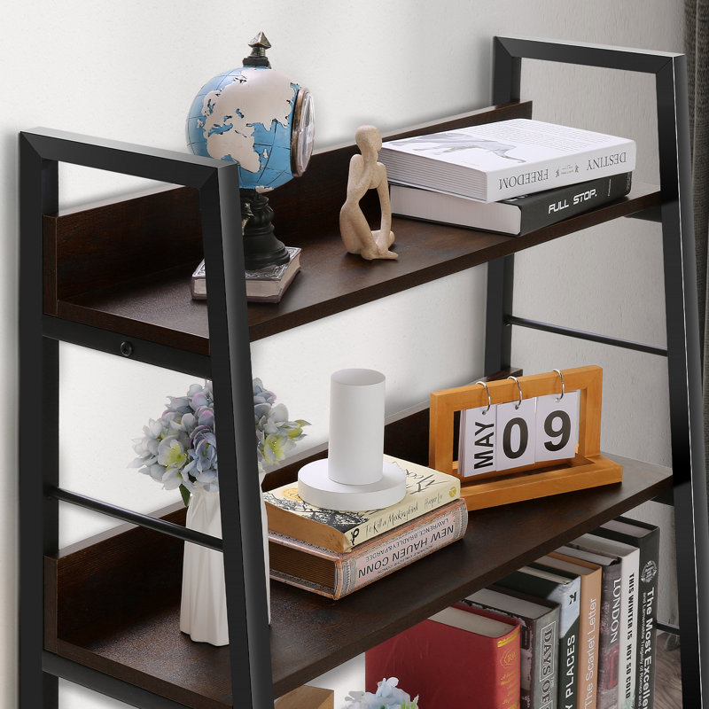 Hasnath Ladder Bookcase, (5 Shelves) 59” H x 28” W x 14” D, Black/Walnut