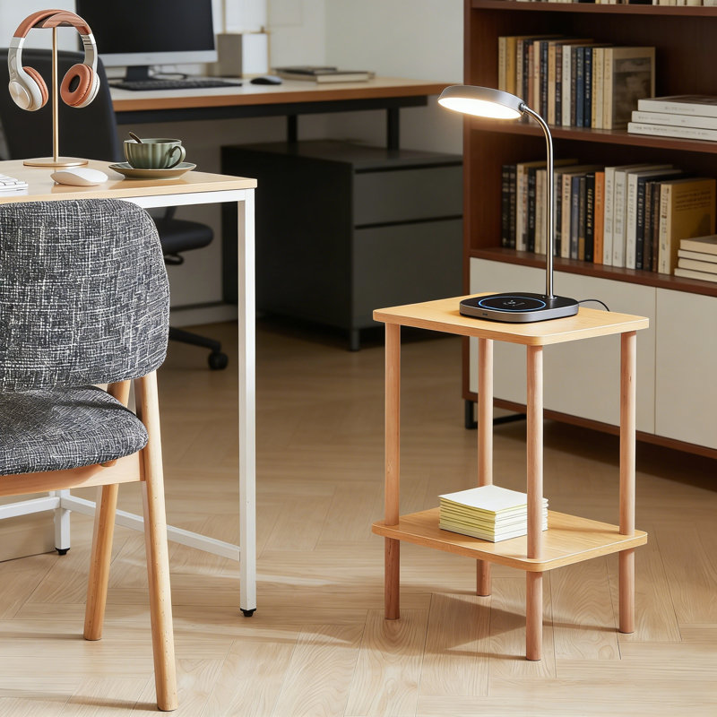 Table de bout à 2 niveaux avec tablettes de rangement, table d'appoint haute en bois massif pour le salon, la chambre à coucher ou le bureau, assemblage facile sans outil, design minimaliste