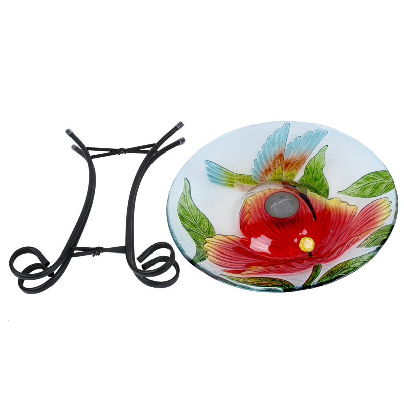  Solar LED Floral Glass Bird Bath with Stand - Hummingbird & Large Poppy