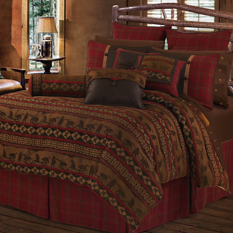 Cascade Lodge Red Brown Aztec Bear Print Cabin Lodge Comforter Set, Full