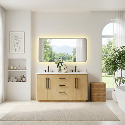 Iberia 60" Double Bathroom Vanity in Nature Brown with Grain White Engineered Stone Countertop without Mirror