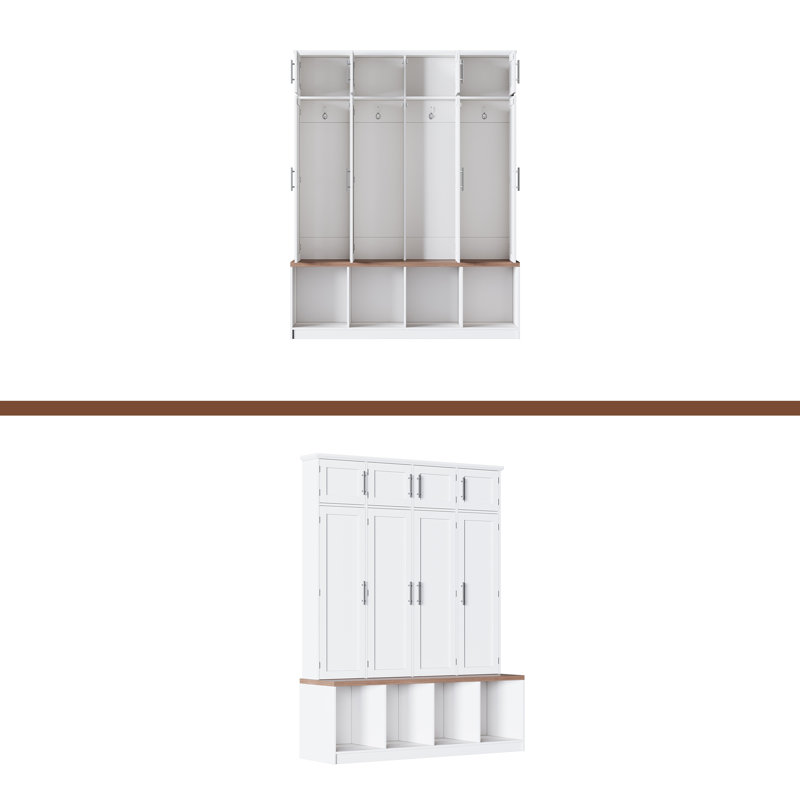 Arbre d'entrée de style campagnard avec 4 crochets cachés, banc polyvalent en noyer avec 8 portes, armoire à chaussures avec compartiment ouvert pour le salon