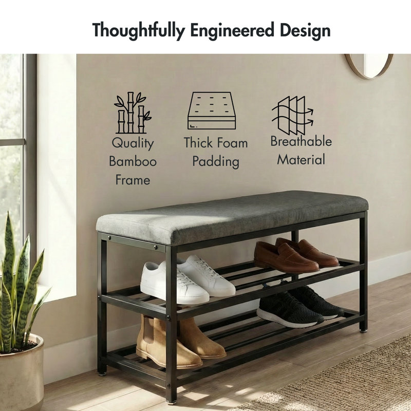 Banc de rangement rembourré avec range-chaussures à 2 niveaux 32 po x 13 po x 20 po | Gris anthracite