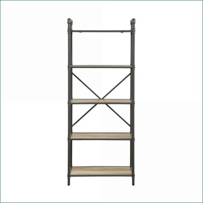 Bibliothèque, structure ouverte industrielle avec 5 tablettes fixes, chêne antique et amp; Finition gris sable | Métal | Bois synthétique