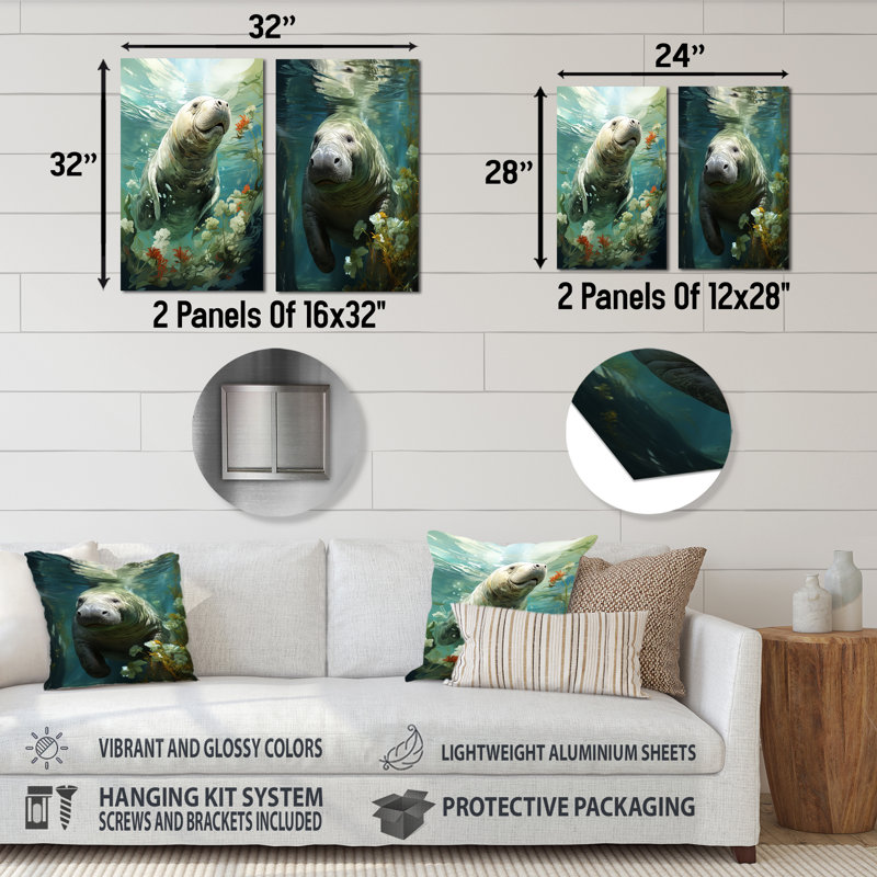 «Green Manatee Grace I», ensemble de 2 reproductions de photos d'animaux côtiers, H 28 po x l 24 po