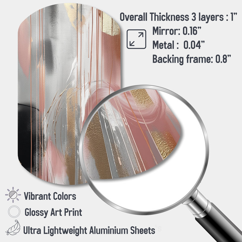 «Sidak Pink Gold Circle Complexity - Transitional Shapes», impression murale en métal asymétrique, H 31 po x l 19 po x P 1 po