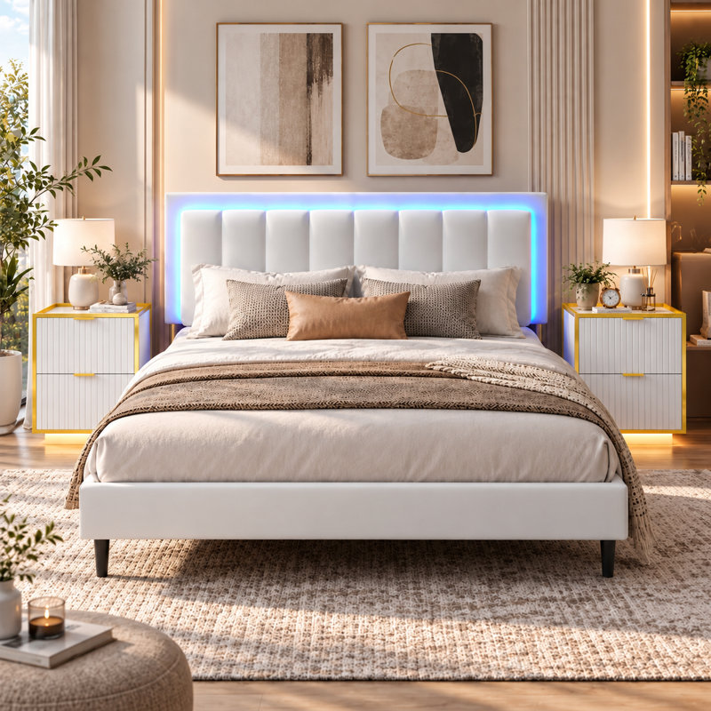 Ensemble de chambre à coucher 3 pièces, cadre de lit rembourré à éclairage DEL intelligent et tables de chevet de rangement à éclairage DEL contrôlables par application