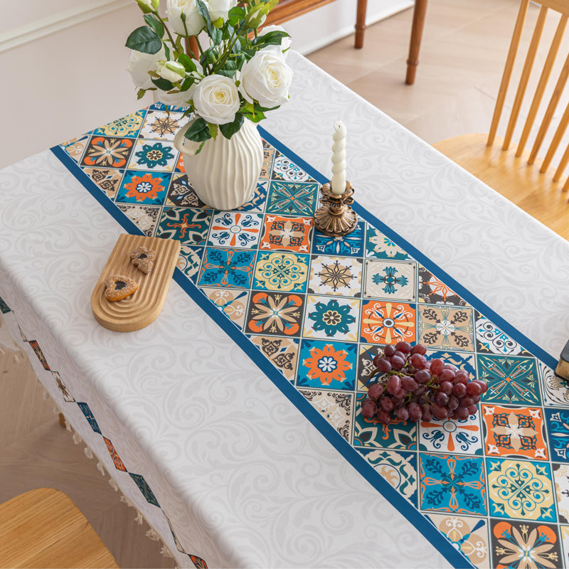  Nappe imprimée à la main pour tables carrées, housse de table géométrique Boho avec bords frangés, nappe décorative pour la cuisine et la salle à manger, 59 po x 59 po