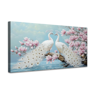 Large Vintage Peacock Canvas Wall Art Decor For Living Room Lnner Framed, Peacock Pictures Bathroom Wall Decor For Home, Beautiful Flowers And Feather Paintings Ready To Hang 40''X20''