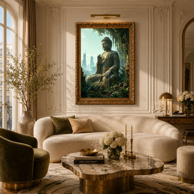 Meditating Buddha Statue in Lush Jungle and Futuristic City Canvas Wall Art