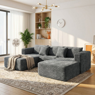 111" U/L Shape Cloud Modular Sectional Sofas with 2 Ottomans, Luxury Durable Corduroy Compression Couches, No Assembly Required for Living Room Gray Sofa