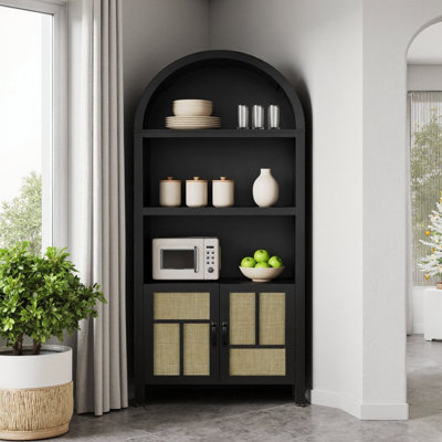 Grand garde-manger arqué en rotin avec tablettes réglables, armoire de rangement Boho