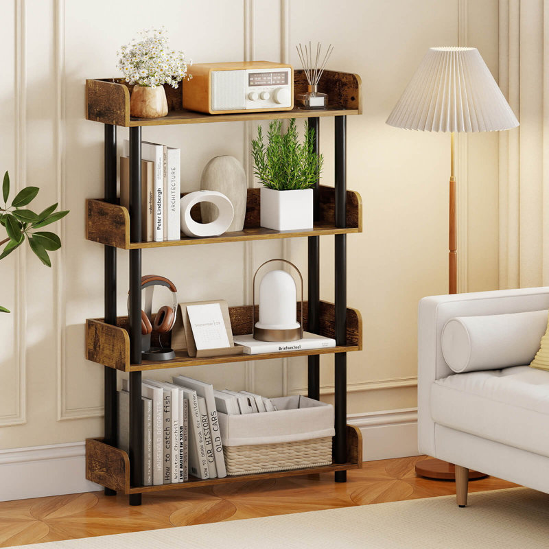 1 PCS 4-Tier Bookshelf with Anti-Tipping Kit Industrial Storage Unit for Living Room Rustic Brown, Brown/Black, 1