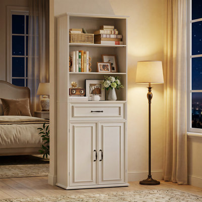 ‌80" Tall Floor Standing Bookcase - 6 Shelf Storage Cabinet With Drawer & Doors For Home Office, Living Room‌ , Off-white(not pure white)