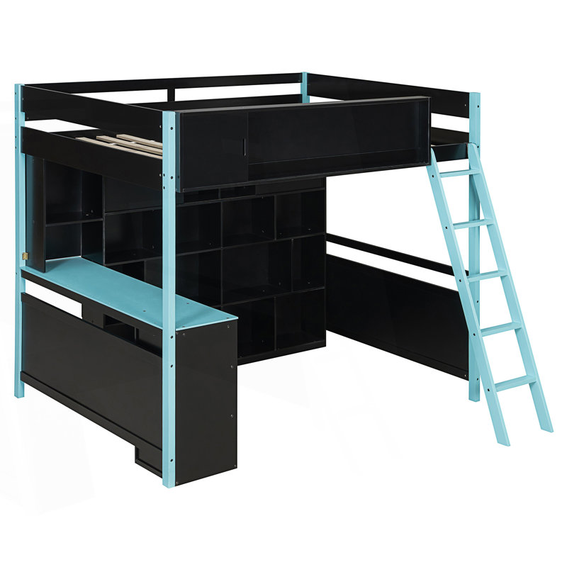 Lit mezzanine double avec bureau et lumière, Bleu