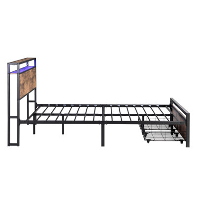 Queen Size Bed With Storage And , Rustic Look, Metal Platform, Noise- Frame Lights, Construction, Easy Assembly