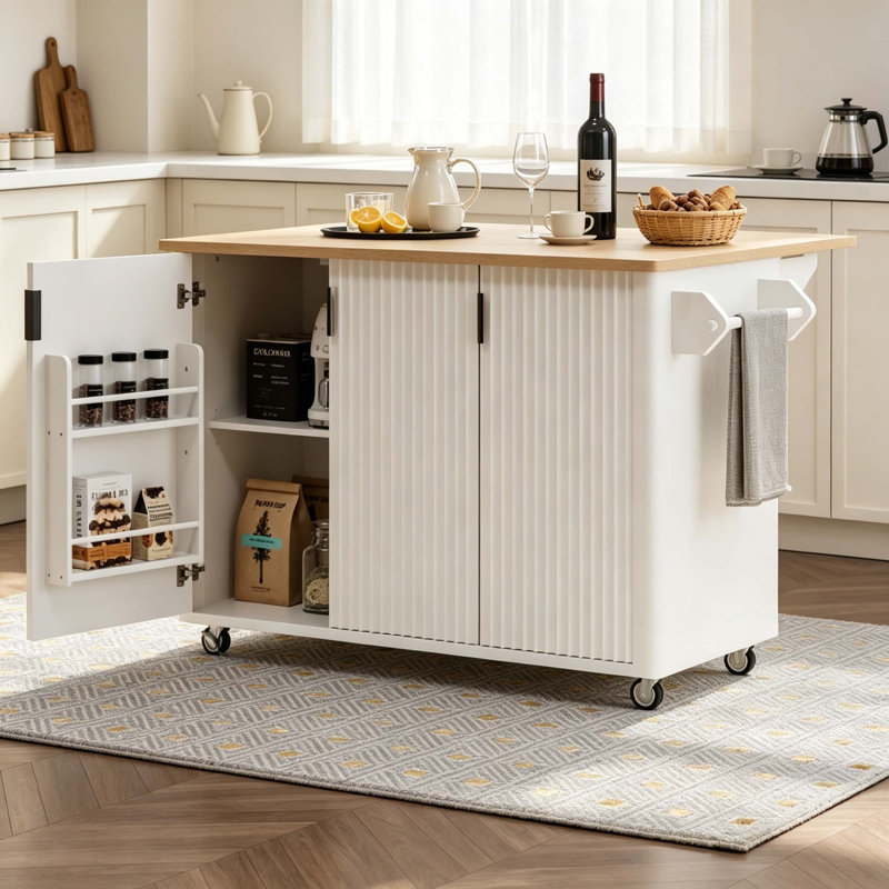 Fluted Cabinet Rolling Kitchen Island with Drop Leaf Top, Adjustable Interior Shelves & Convertible Feet Design, White