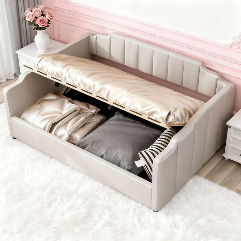 Lit de jour rembourré avec rangement inférieur, Beige