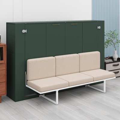 Murphy bed with sofa folds into a space-saving wall cabinet with storage shelves and USB charging