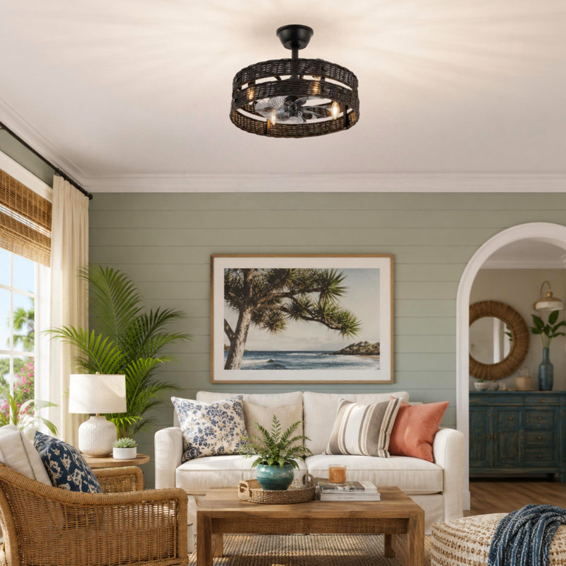 18.5" Rattan Caged Ceiling Fan With Light Kit And Remote Control, Black