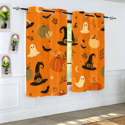 2Pcs Halloween Witch Hat Pumpkin Ghost Bat Blackout Curtains, Cute Festive Orange Window Drapes for Living Room Bedroom Kitchen Home Decor