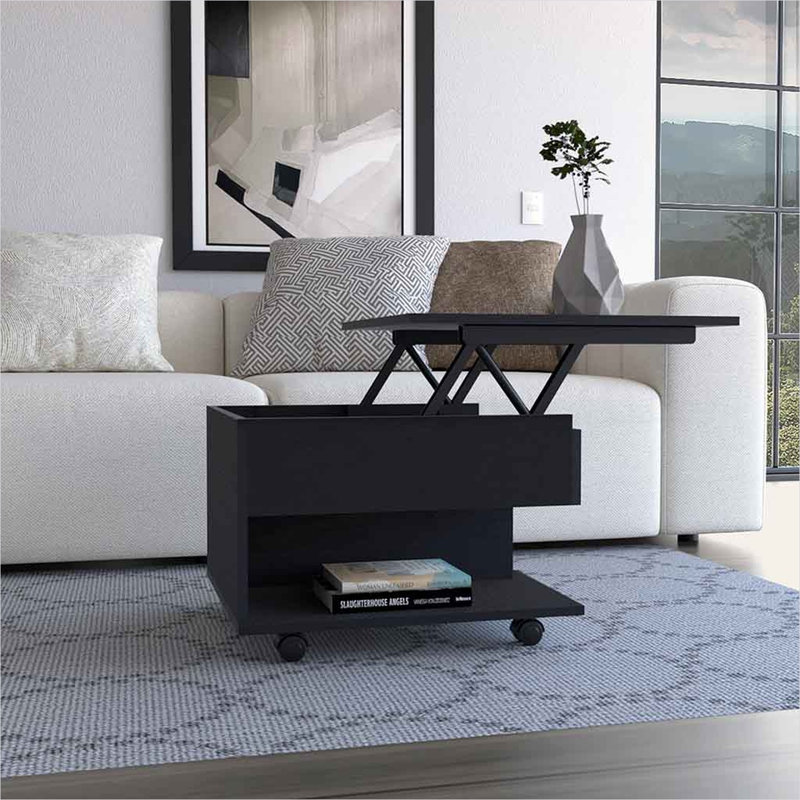 Table basse avec plateau relevable et roulettes, conception compacte carrée de rangement aux tons noirs