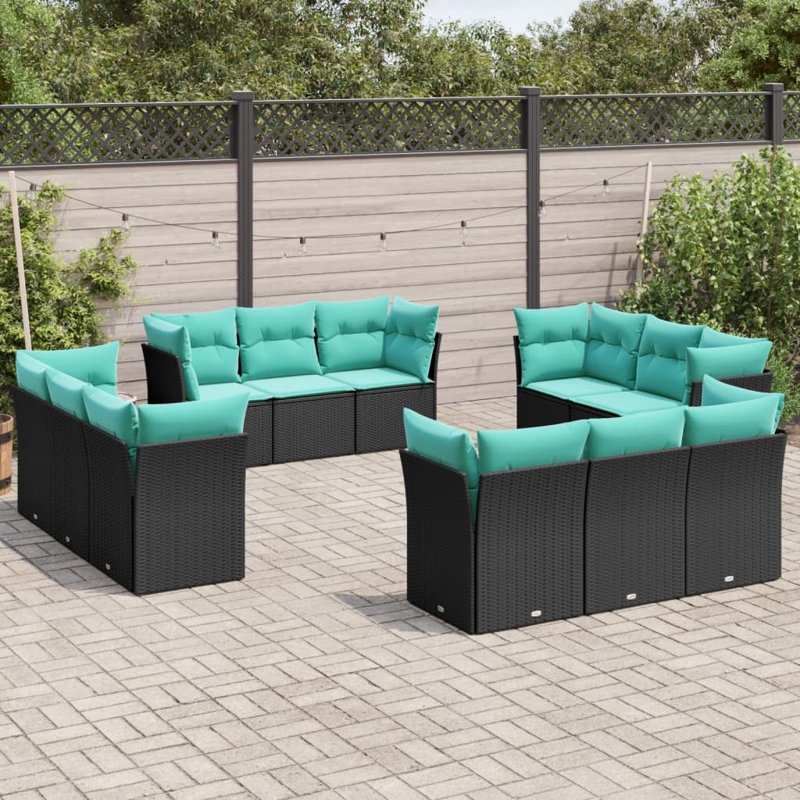 Ensemble de canapé de patio 13 pièces avec coussins en rotin de polyester noir, Coussin bleu / cadre noir