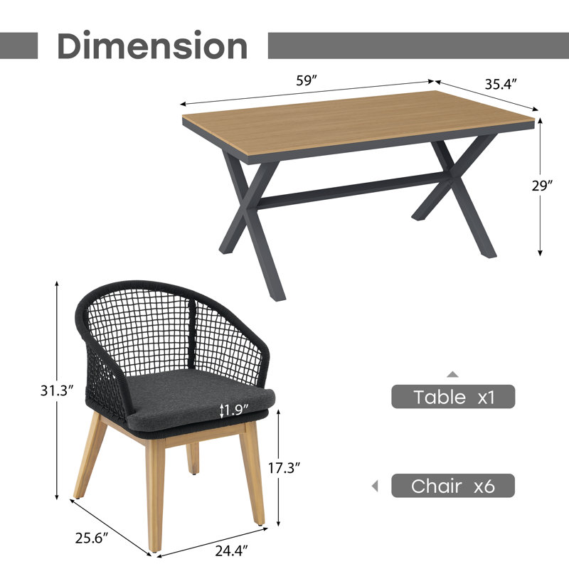 Outdoor 6-person Rope-woven Dining Set, 31.3" H x 24.4" W x 25.6" D, Gray Cushion/Black Frame