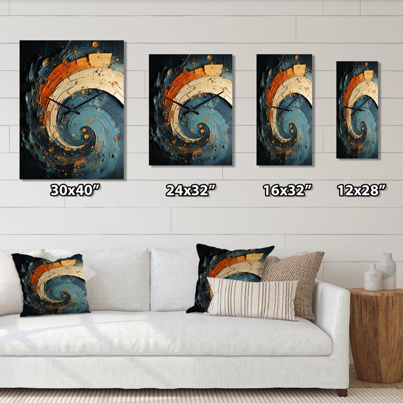 Horloge murale abstraite spirale orange sarcelle abstraite II, H 28 po x l 12 po