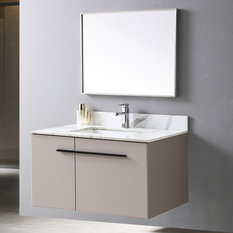 Dessus de meuble-lavabo de 37 pouces avec élément en pierre frittée dorée, lavabo rectangulaire en céramique et trou pour robinet - surface de style moderne, qualité