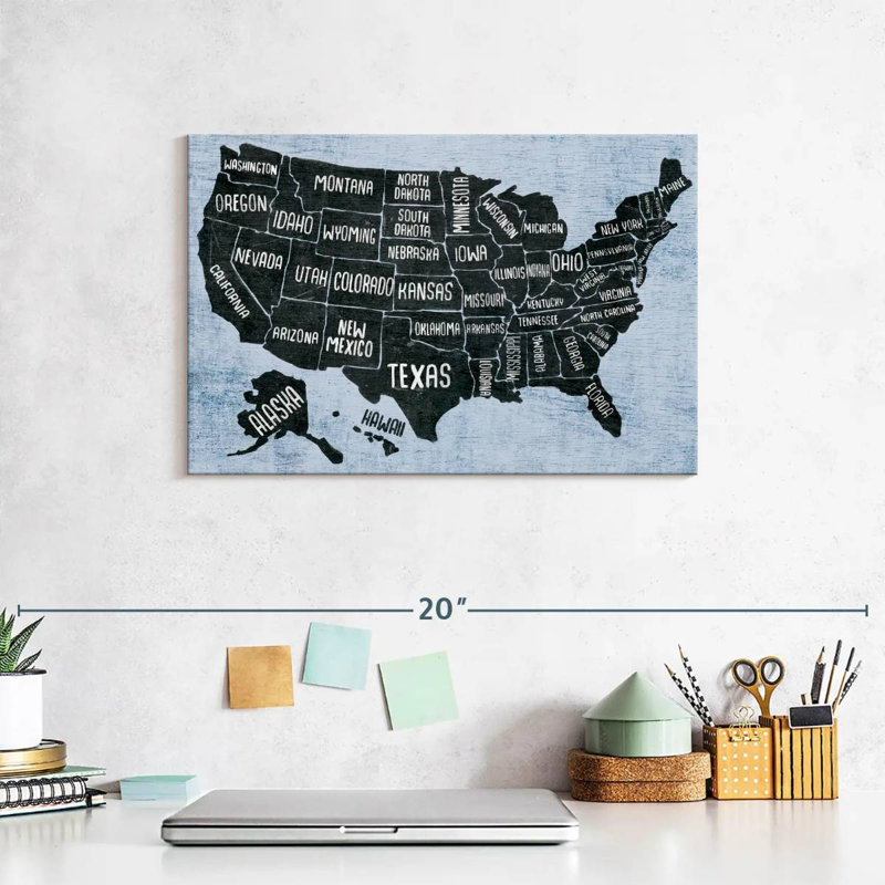 Keiri BW States USA Map, 8" H x 12" W