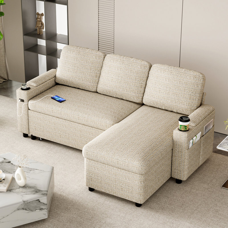 3 Seater Fabric Sofa & Chaise, Beige Fabric